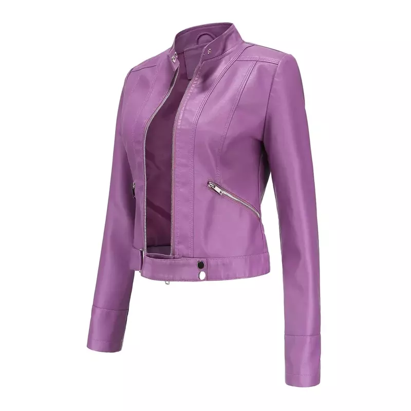 Jaqueta de couro sintético de tamanho grande feminina, casaco bonito feminino, top curto, slim fit, zíper, casacos, roxo, primavera, outono, xxxl