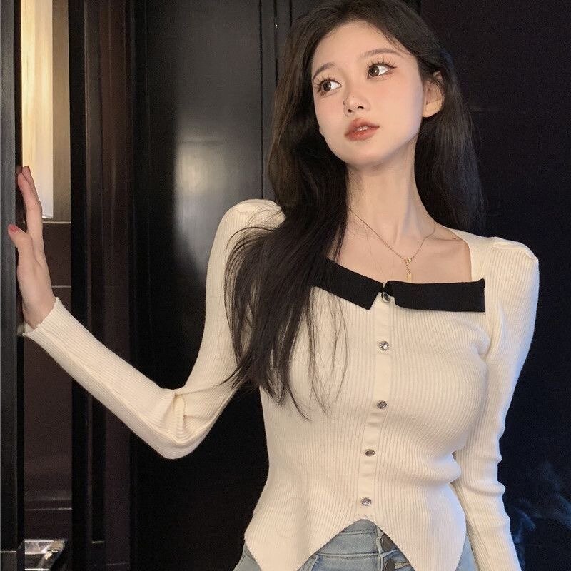 Koreańskie swetry damskie z długim rękawem wiosenne jesienne bluzy modne wąskie ciepłe miękkie asymetryczny Design nowy modny szykowna, dziewczęca