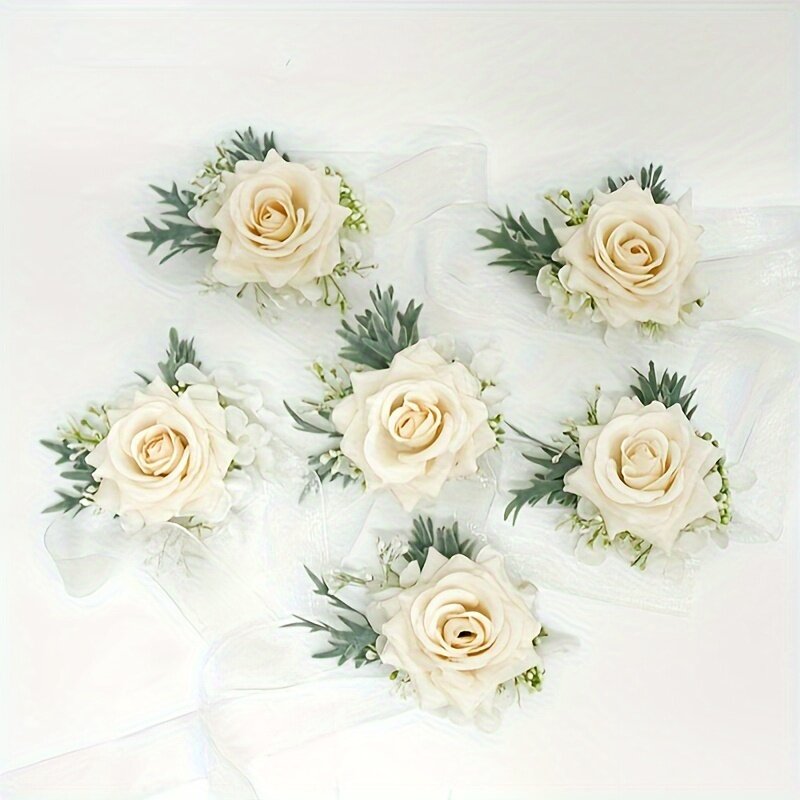 1 buah korsase pergelangan tangan pernikahan mawar dan Boutonniere untuk pengantin, pengiring pengantin, pria, pengantin pria, Aksesori dekorasi setelan Prom (sampanye) putih