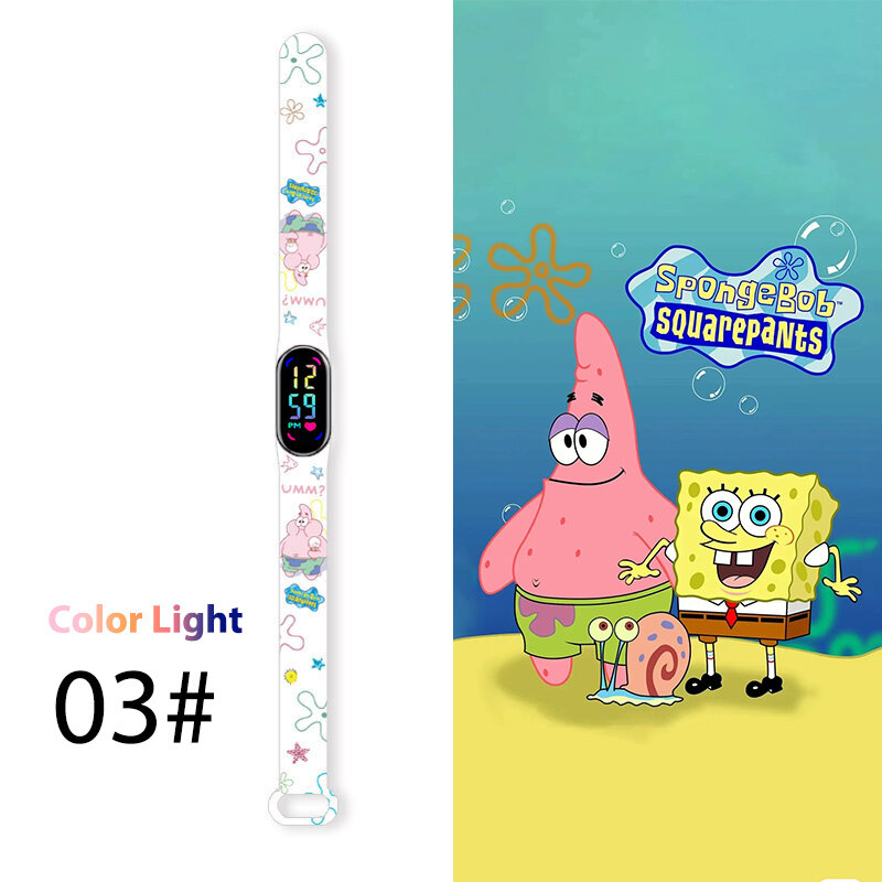 Kreskówka SpongeBob dzieci zegarki LED kwadrat Anime dla dzieci zegarek zabawka bransoletka dotykowa wodoodporna elektroniczna inteligentny zegar prezent