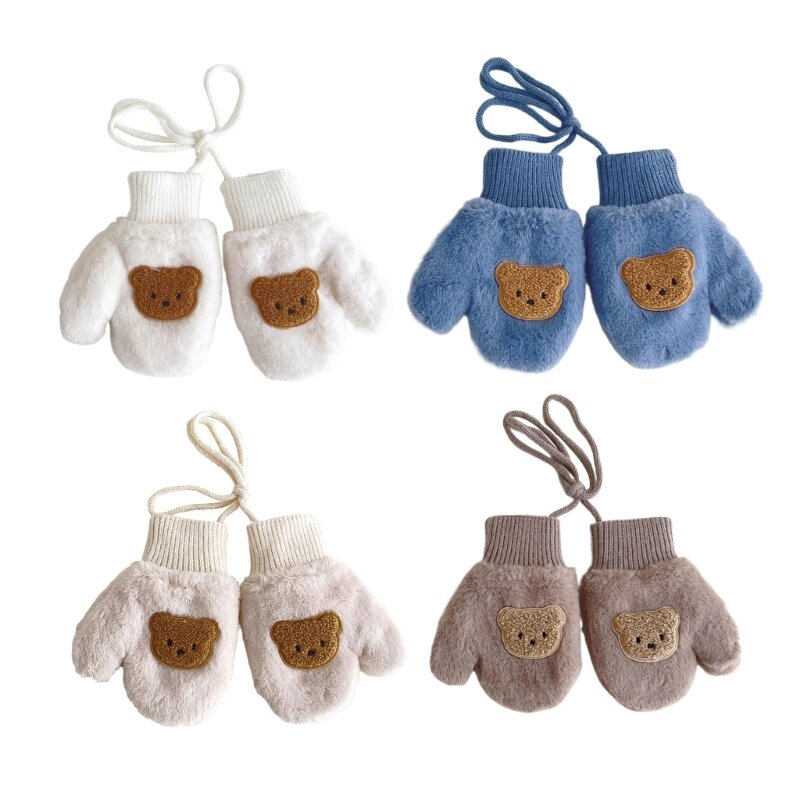 Mitaines antidérapantes pour bébé, gants chauds d'hiver, ours dessin animé, mitaine épaisse avec corde QX2D