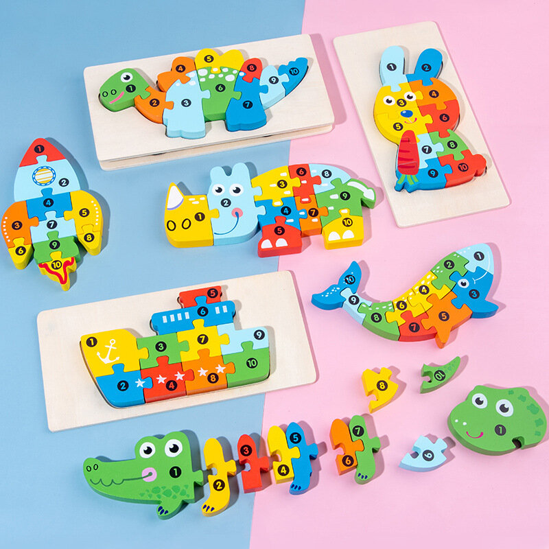 Drewniane Puzzle dziecięce klocki 3D ruch zwierząt tablica poznawcza Baby rozwój inteligencji zabawki