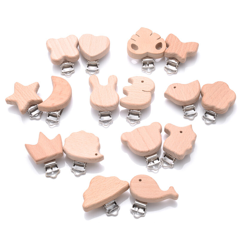 5Pcs Wooden Pacifier Clip Beech Wooden Animal Natural Dummy Clip DIY Baby Pacifier Chain Teether Toys Accessories BPA Free