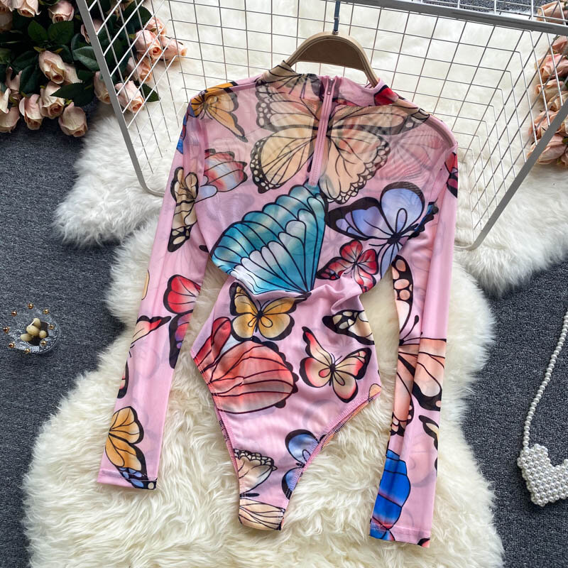 Women's Triangle Bodysuit Butterfly Print Trendy Sexy Perspective Long Sleeve Print One Piece Bottoming Shirt Free Shipping