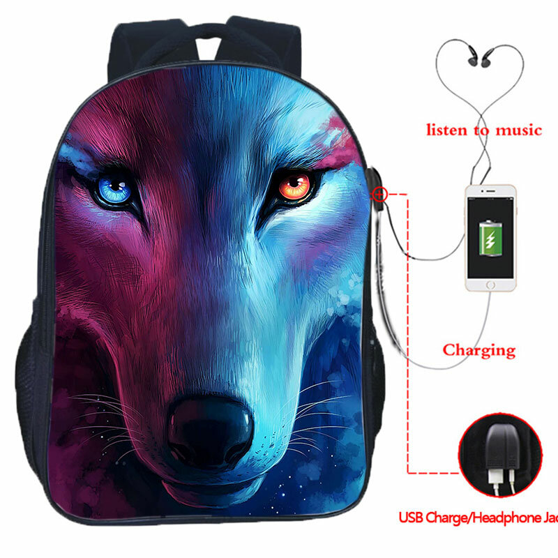 Mochila-ice fire wolf usbバックパック、10代の動物のキャンバスのランドセル、男性用USB充電トラベルリュックサック、大容量ラップトップバッグ
