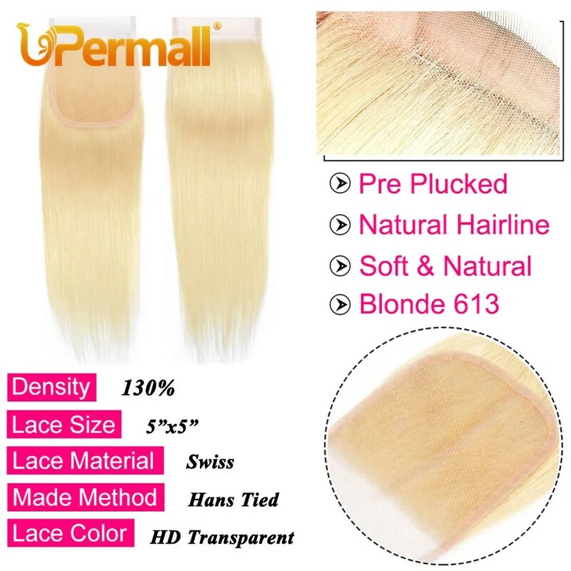 Upermall #613 Blonde 13x4 Lace Frontal Straight Pre Plucked Swiss HD Transparent 4x4 5x5 Closure 100% Remy Human Hair On Sale