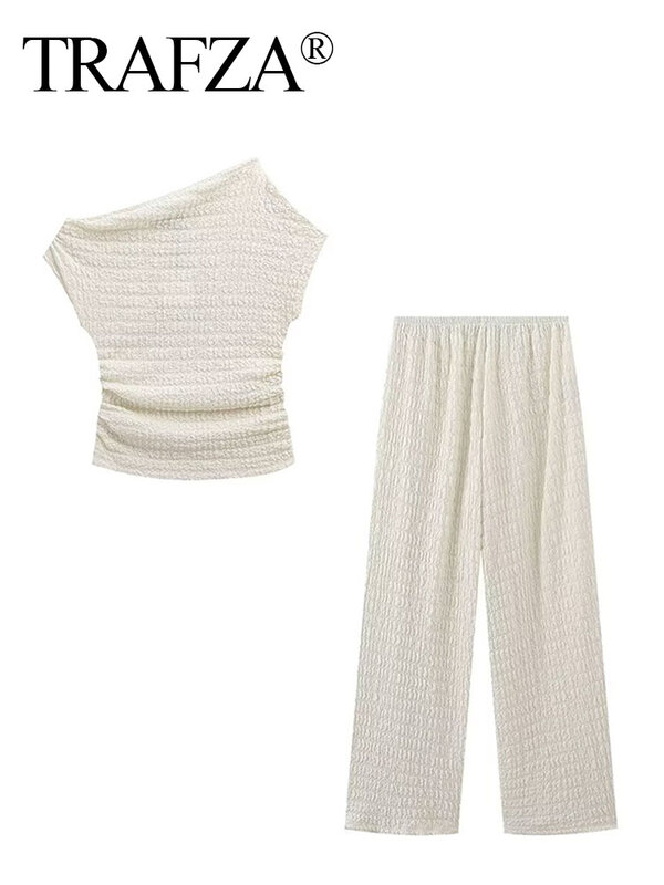 TRAFZA-Ensemble pantalon pour femme, col oblique, fibre Top, taille moyenne, taille élastique, jambe large, trempé, mode, été, 2024