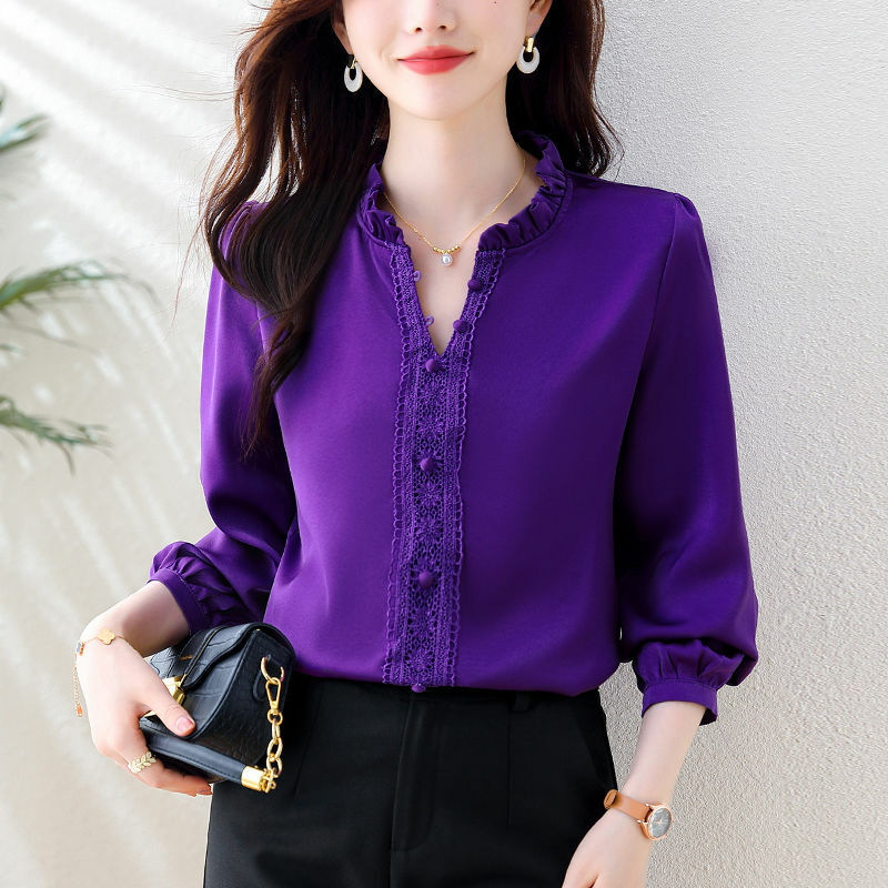 Elegant Fashion Harajuku Slim Fit Female Clothes Loose Casual All Match Tops Women Stand Collar Solid Button Long Sleeve Blusa