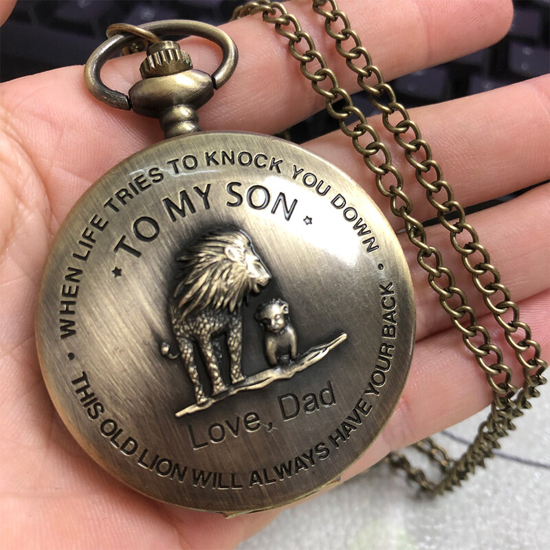 Bronze Lion  To My Son Love Dad Design Customized Quartz Pocket Watch Necklace Chain Pendant Watch Best Gifts for Son Kids Boys