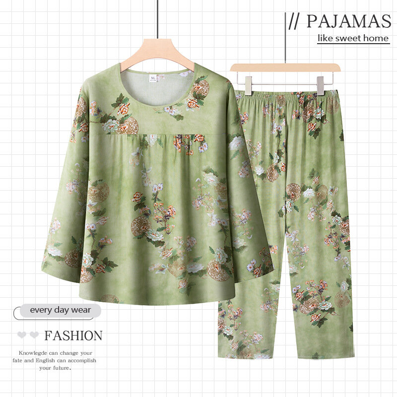 Pajama Summer Woman 2024 New Printed Long Sleeve Sleepwear Set Loose Spring Autumn Nightwear Home Clothes Cotton Pijamas Suit