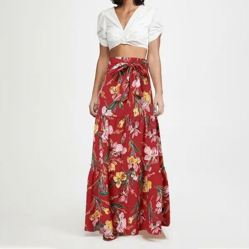 Rok panjang liburan pinggang tinggi 2024 untuk wanita rok Maxi panjang selantai motif A-line pakaian wanita Vintage pesta liburan pantai