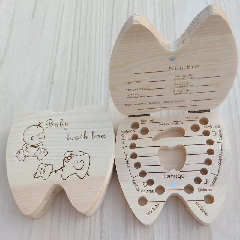 Caja de madera para dientes de bebé, organizador de dientes de leche en Inglés/ruso/francés/español, almacenamiento de recuerdos para niños y niñas, regalo