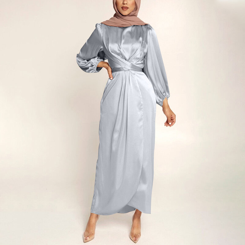 Vestido muçulmano cetim com mangas folheadas para mulheres, elegante vestido de festa, sofisticado vestido maxi, kaftan, sem esforço