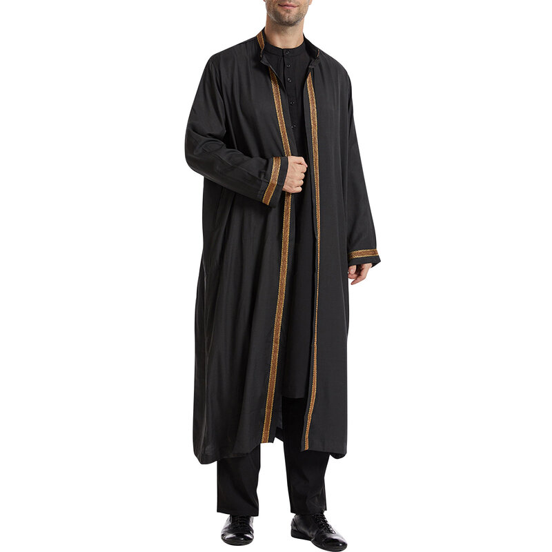 Middle East Clothing Men Traditional Muslim Islamic Jubba Thobe Stand Collar Cardigan Dress Robe With Pockets Daily Basic Style
