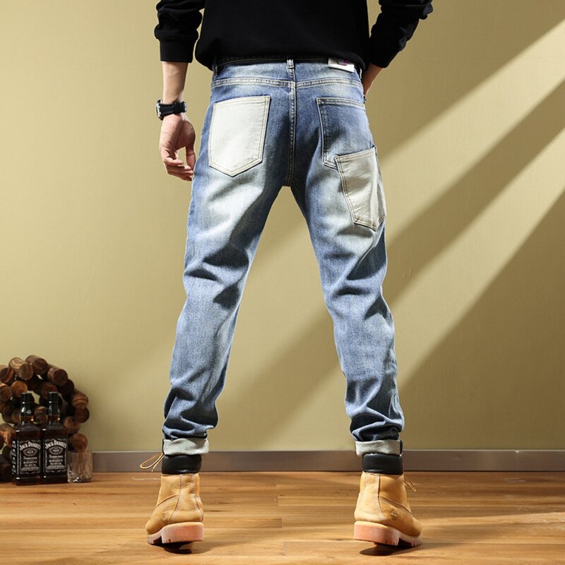 2024 New Fashion Stitching Jeans High Street elastico Slim pantaloni da uomo piccoli Hip Hop abbigliamento a vita media pantaloni Cargo da uomo