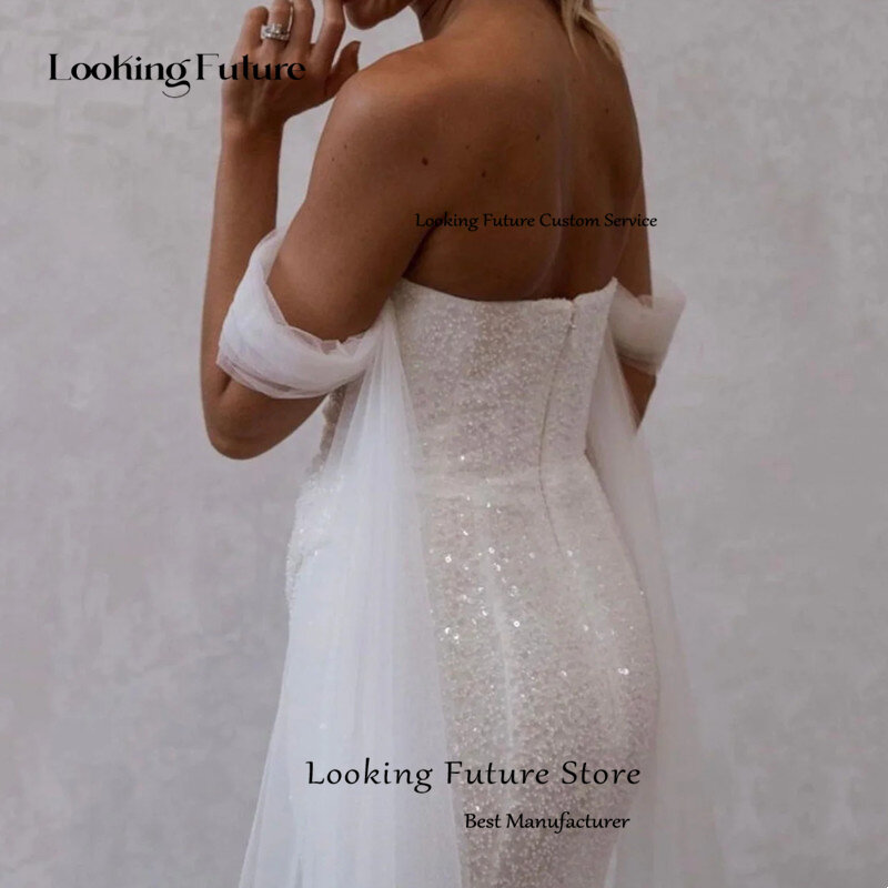 Gaun pernikahan putih putri duyung Modern, gaun pengantin seksi tanpa tali Formal manik-manik mengkilap rok bahu punggung terbuka 2024