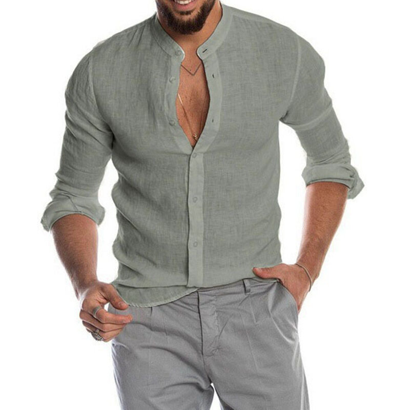 Men Shirt Long Sleeve Men\\'s Casual Cotton Linen Loose Solid Color Fashion V Neck Blouse Spring Summer Handsome Men Shirts Tops