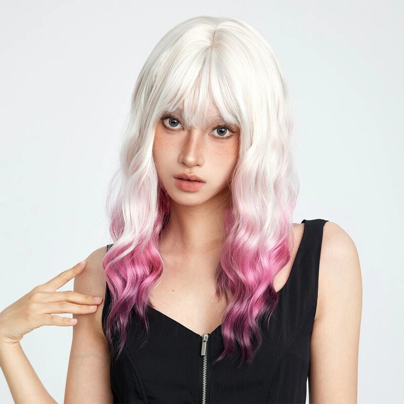 Synthetische lange gewellte Perücke Ombre Farbverlauf weiß lila Farbe für Frauen täglich Cosplay Halloween Perücken hitze beständige Faser Pony Haare