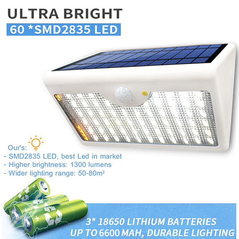 1300LM Super Bright Solar Wall Light Outdoor Waterproof Motion Sensor 60 LED Solar Lamp for Garden Garage 5 Mode Lighting Lights