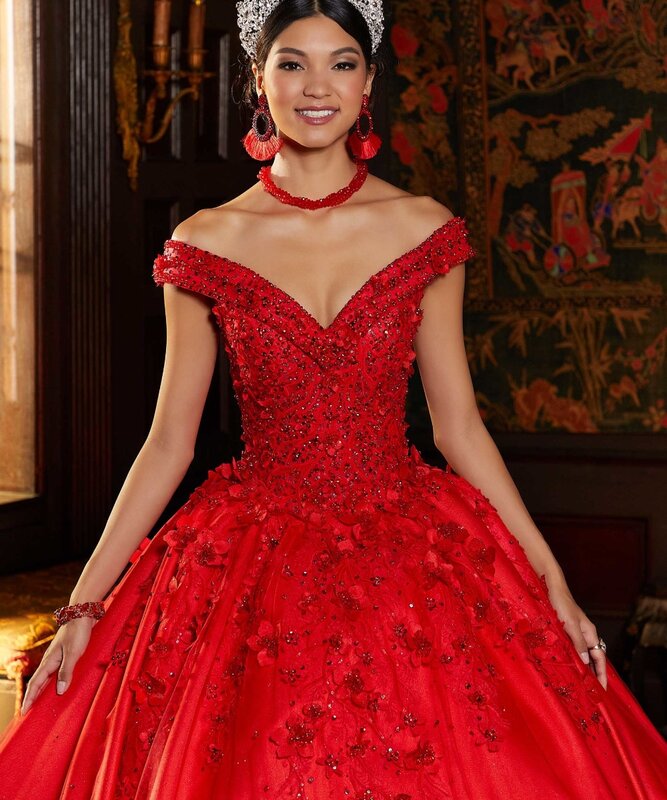EVLAST Mexico gaun dansa gaun Quinceanera merah 3D bunga Applique korset manik-manik manis 16 Vestidos De 15 aduduk TQD145