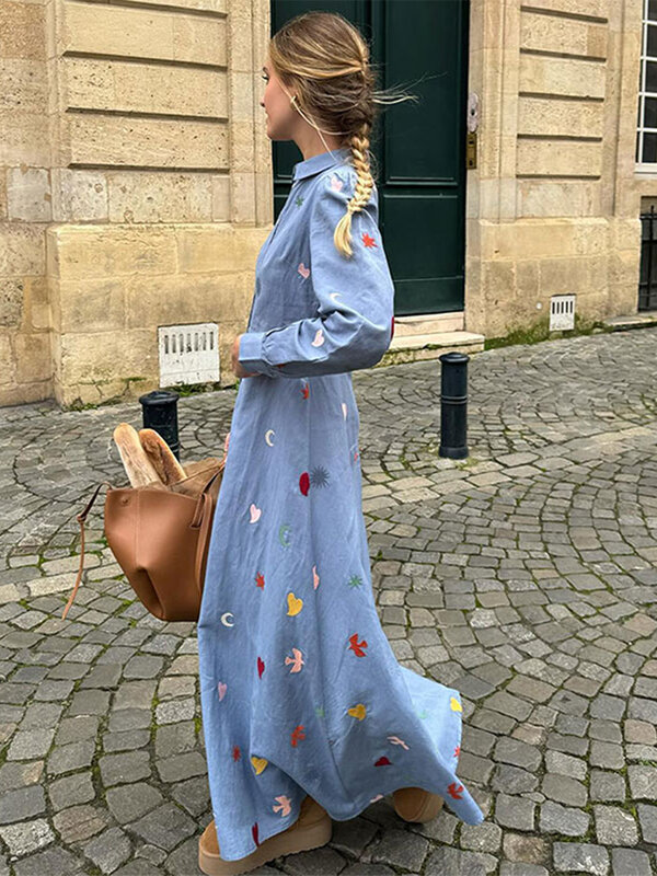 Gaun Maxi blus berkancing tunggal motif cantik gaun panjang berkerah Rurndown elegan untuk wanita jubah jalanan Musim Semi