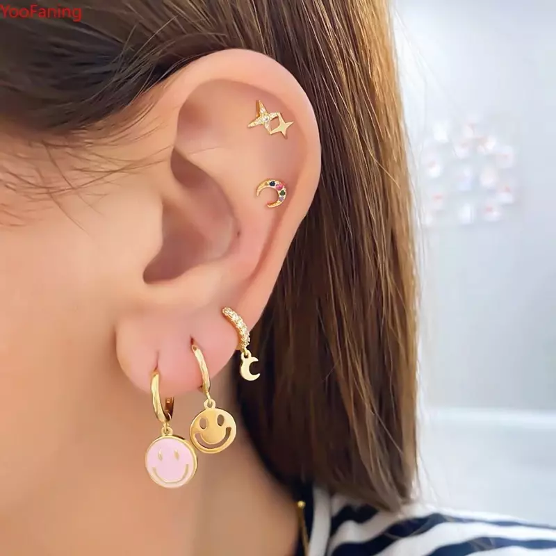 925 Sterling Silver Ear Needle smalto Smile Face orecchini pendenti in oro cerchio fibbia per l'orecchio gioielli di moda per feste regalo di compleanno per ragazza