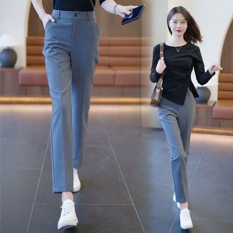 กางเกงเล่นกอล์ฟเอวสูงสำหรับผู้หญิง, กางเกงแฟชั่นลำลองเอวสูงกางเกง celana setelan ผ้ายืดตรงบางเฉียบกางเกงกอล์ฟเกาหลี