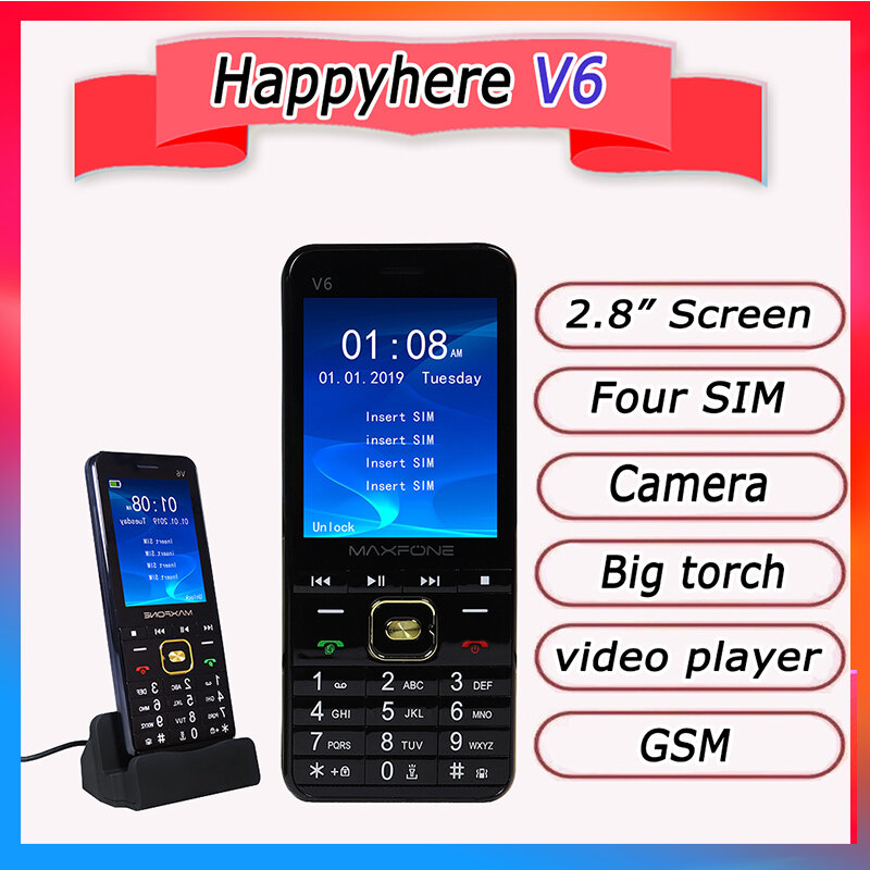 Teléfono móvil con pantalla GSM de 2,8 ", cuatro Sim, teclado ruso, linterna grande, cámara MP3, reproductor de vídeo, grabadora, teléfonos móviles originales