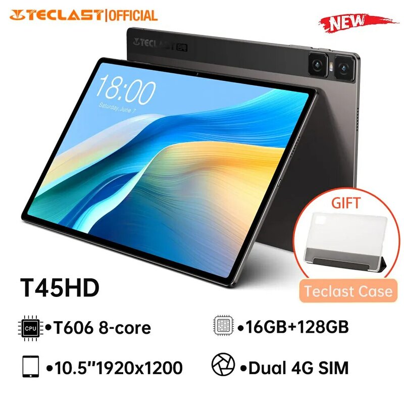 Teclast T45HD 2024 Tablet 10.51 "1920*1200 Tablette Unisoc T606 8-core Android 13 16GB RAM 128GB ROM 4G Réseau Gaming 7200mAh