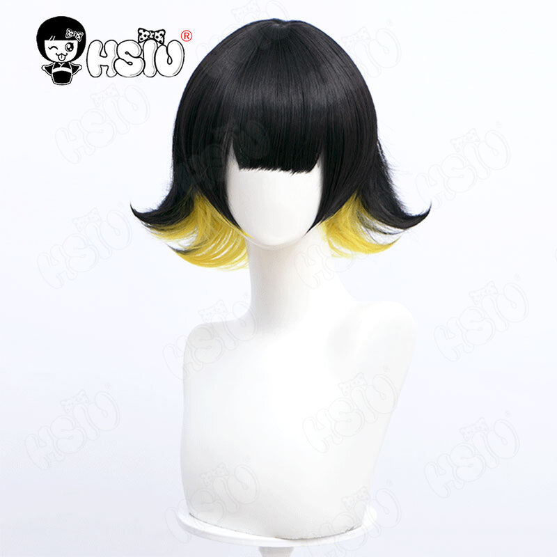 Peruca de fibra sintética-bachira meuru, peruca cosplay anime, camada preta, cor amarela mista, cabelo curto + peruca