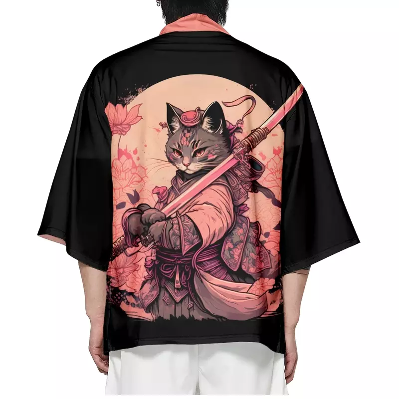 W stylu Vintage japoński samuraj z nadrukiem Kimono Streetwear męskie damskie kardigan Haori Harajuku tradycyjna plaża Yukata Plus Size
