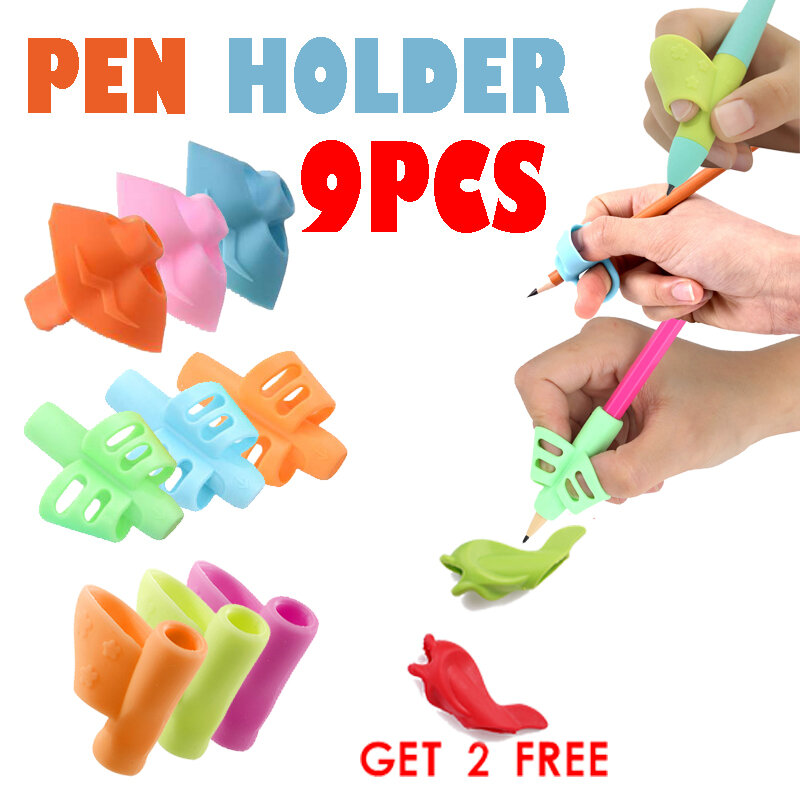9 buah pena pensil menulis anak-anak pemegang belajar dan latihan pena silikon membantu pena memegang korektor postur siswa