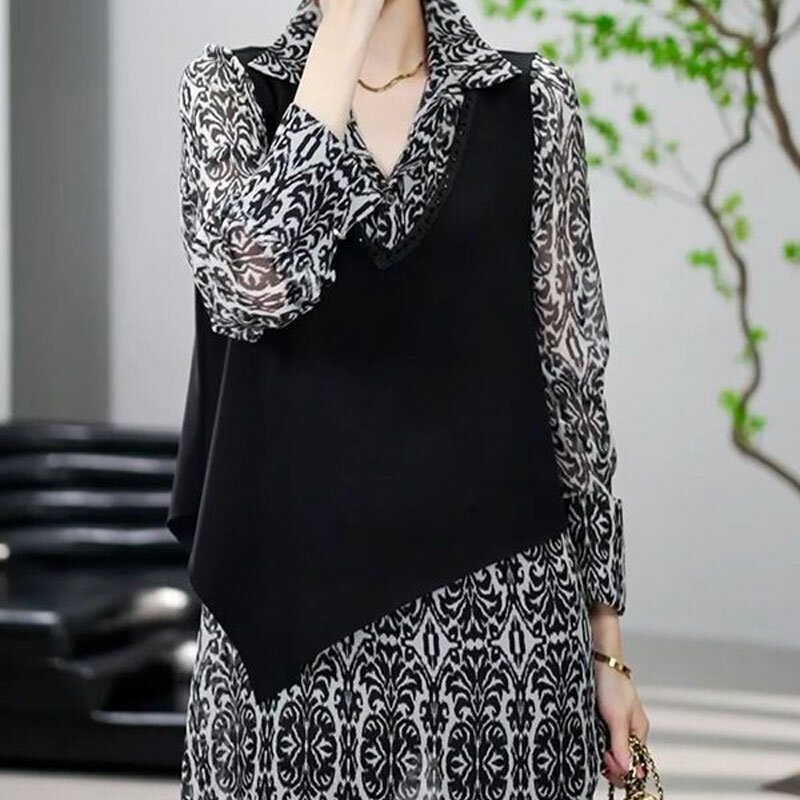 한국 불규칙 루즈 블라우스 투피스 세트, 비대칭 빈티지 프린트 기본 셔츠, 여성복 패션, 2024 용수철 가을