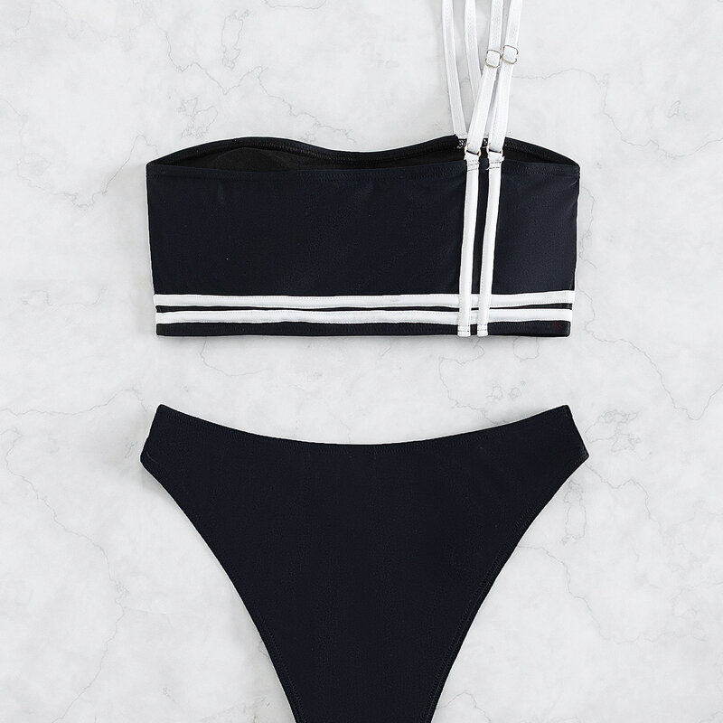 Biquíni feminino sexy de ombro único, roupa de banho preta, maiô suspensor de cintura alta, roupa de praia nova, verão 2024