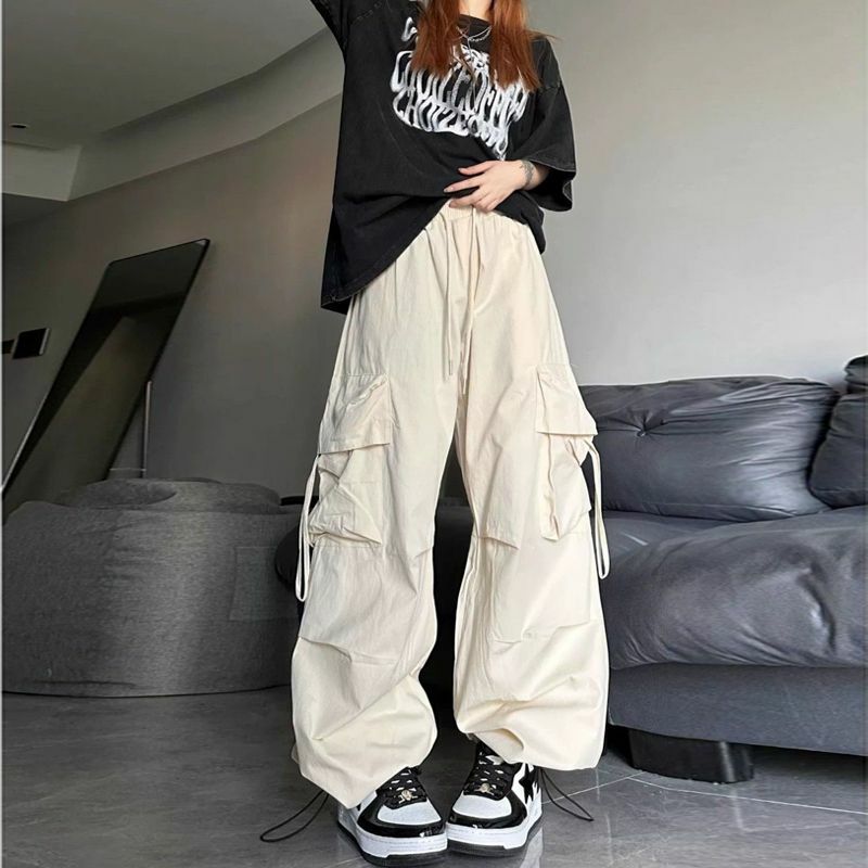 Monos de estilo Hip-hop de paracaídas para mujer, pantalones de gran tamaño con bolsillos, Harajuku, pantalones casuales sueltos de Color sólido, pantalones Cargo Y2K