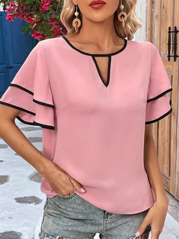 ZANZEA Casual allentato Colorblock tuniche donna arruffato manica corta camicetta 2024 estate girocollo camicie eleganti scava fuori top