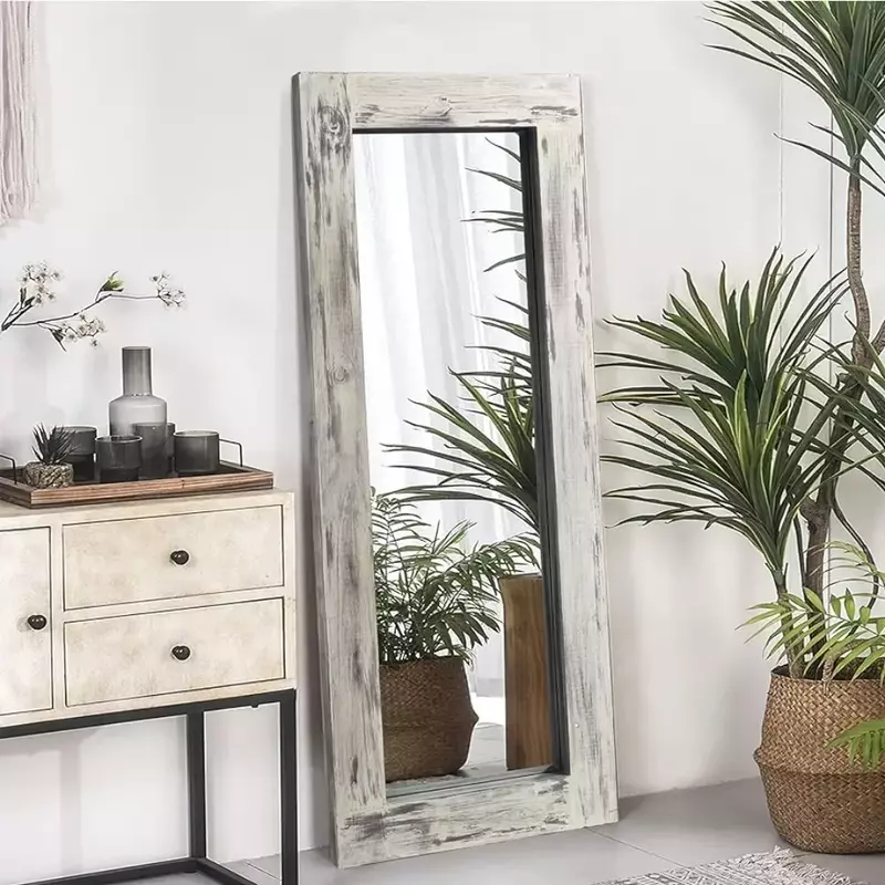 Espejo de suelo rústico de cuerpo completo, espejo de madera grande, montado en la pared, para dormitorio, sala de estar y hogar, envío gratis