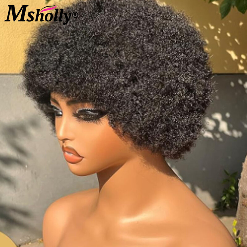 Pelucas cortas Afro rizadas con corte Pixie para mujer, cabello humano malayo de color negro, Remy, hecho a máquina