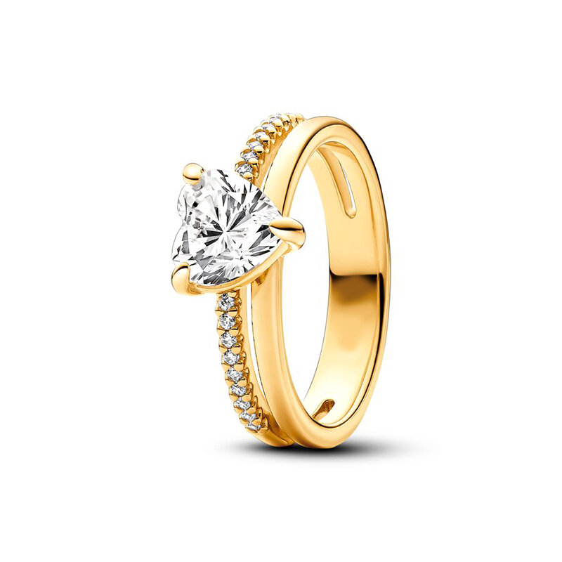 Anel de dedo de coração duplo cintilante para mulheres, banhado a ouro 18k, prata 925, zircão, pandora original, joias finas, novo, 2024