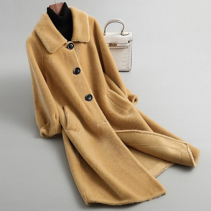 Parka de lã feminina com pele real, casaco clássico, jaqueta justa para senhoras, feminina, inverno, novo, T194, 2024