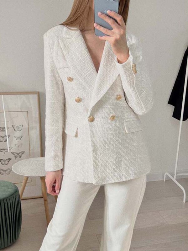 Double breasted tweed blazer para as mulheres, jaqueta de manga comprida vintage, top chique, nova moda, 2024