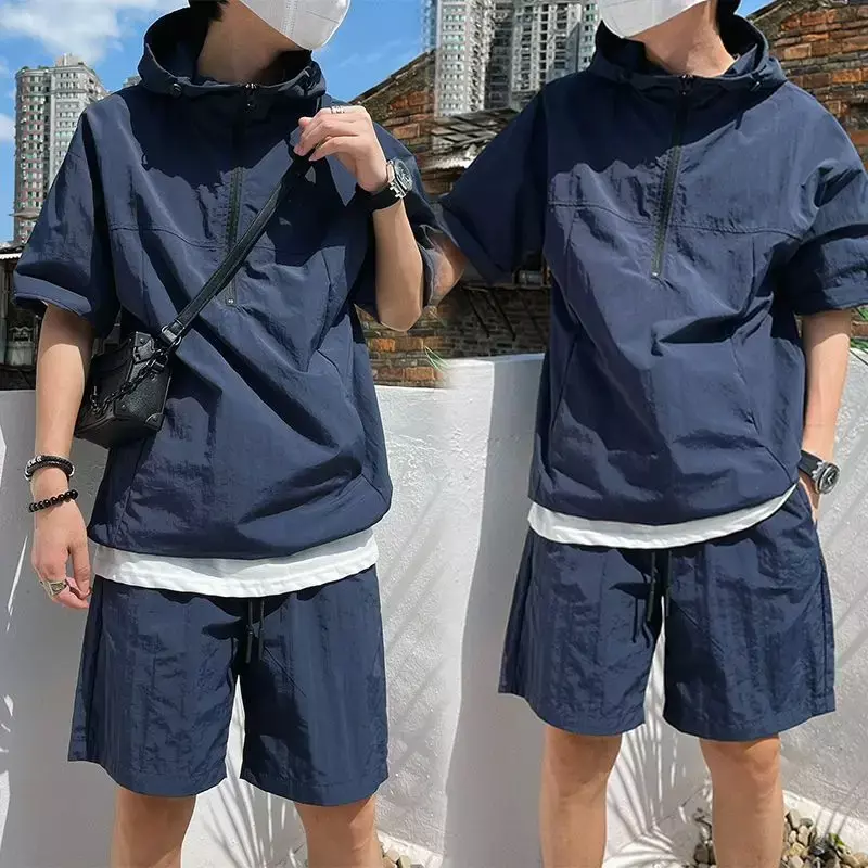 Sommer Cargo Style Set Herren lässig Kapuze solide Kurzarm T-Shirt Shorts lose Mode hochwertige schöne Sweatshirt Anzug