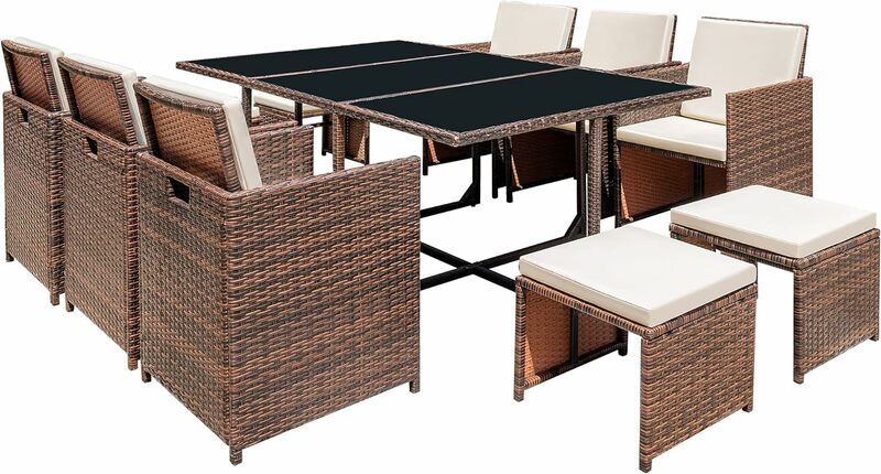 11 pezzi Patio Dining Set mobili da esterno Patio sedie in vimini Rattan e tavolo in vetro temperato Set componibile conversazione