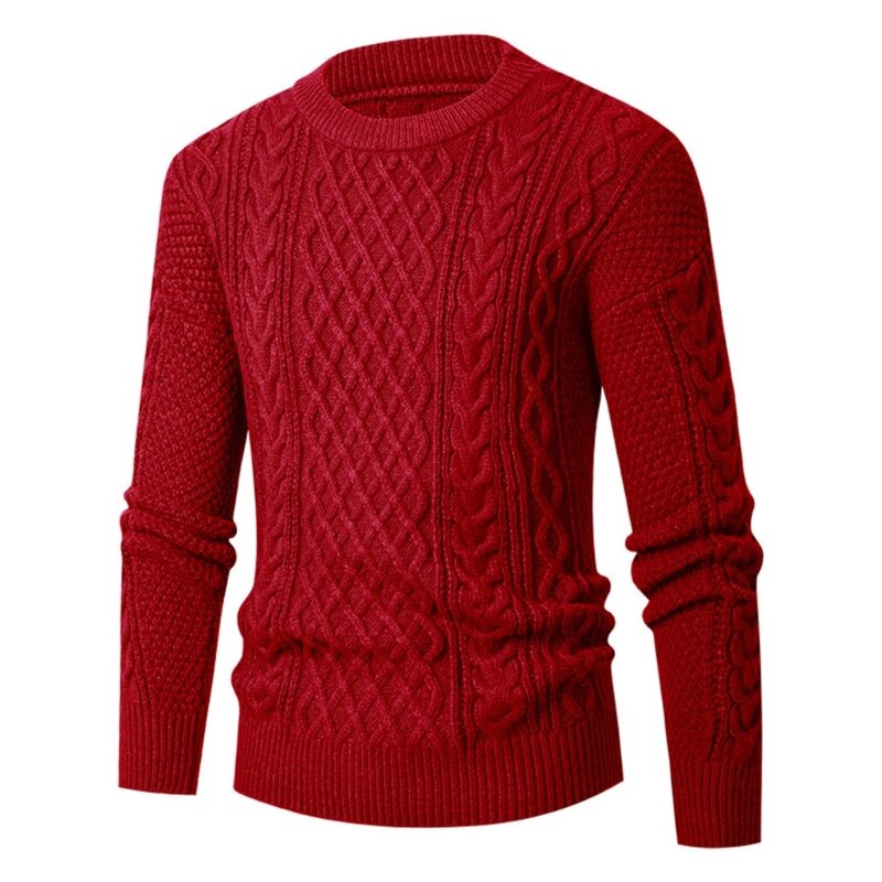 Otoño Invierno para hombre suéter cuello redondo Cable trenzado jerseys punto cálido Fit Casual manga larga