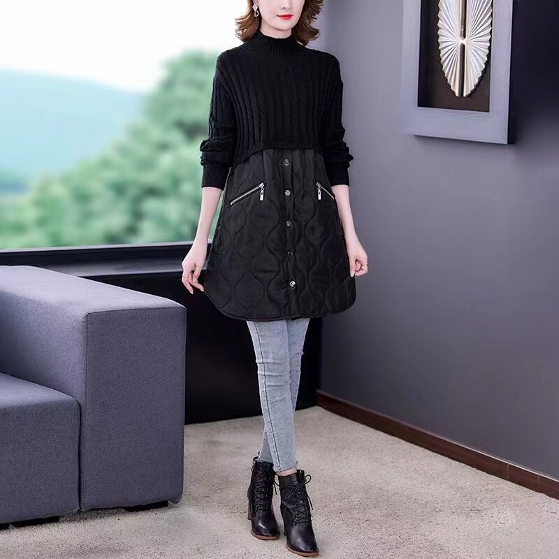 Women's Parkas Autumn Winter Jacket New 2024 Fashion Temperament Loose Casual Splicing knitted Warm Female Outwear Overcoat