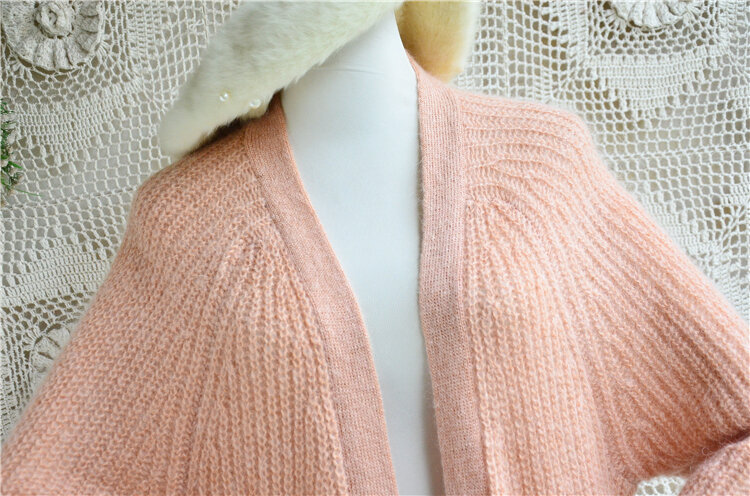 Suéter largo de lana de Angora auténtica para mujer, cárdigan holgado de manga larga, chaqueta de manto, moda de primavera y otoño