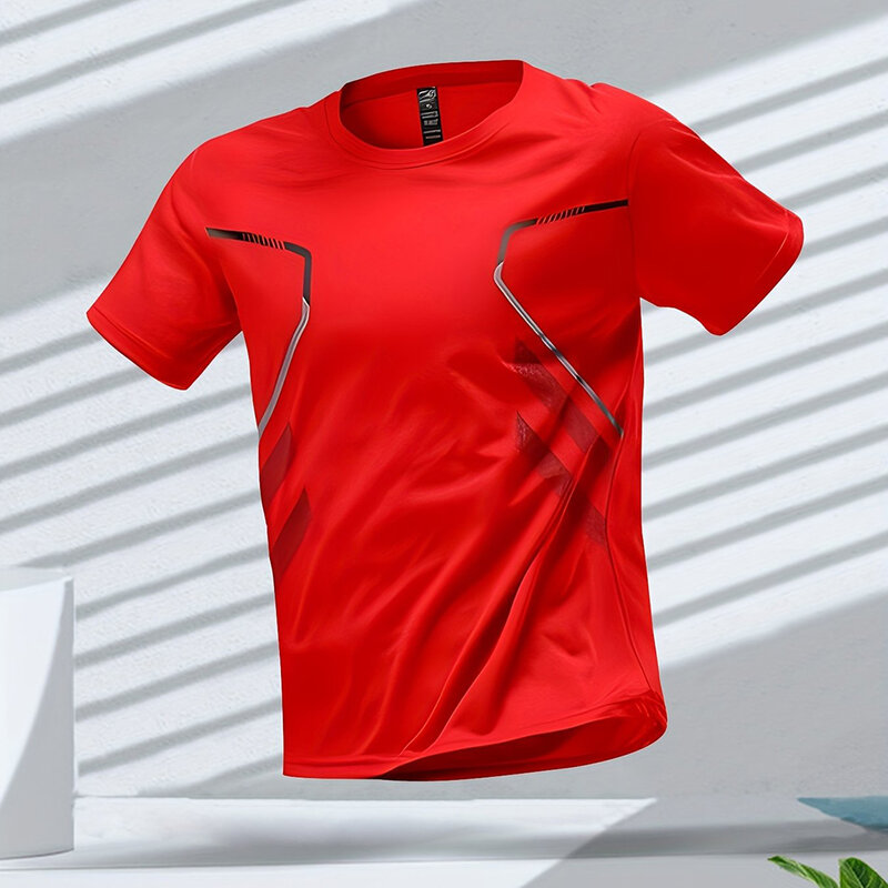 เสื้อยืดสำหรับผู้ชายเสื้อยืดคอกลมแขนสั้นระบายอากาศได้ดีสีบล็อกสีสำหรับใส่วิ่งออกกำลังกายกลางแจ้ง