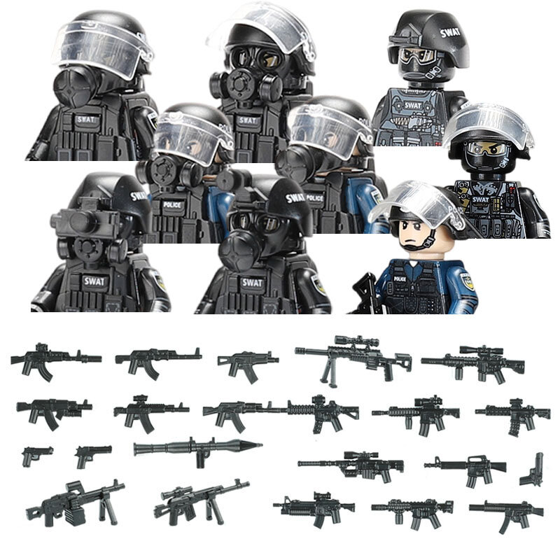 Chińskie siły specjalne policja miejska żołnierz SWAT figuruje klocki maski przeciwgazowej broń wojskowa zabawki cegły dla dzieci