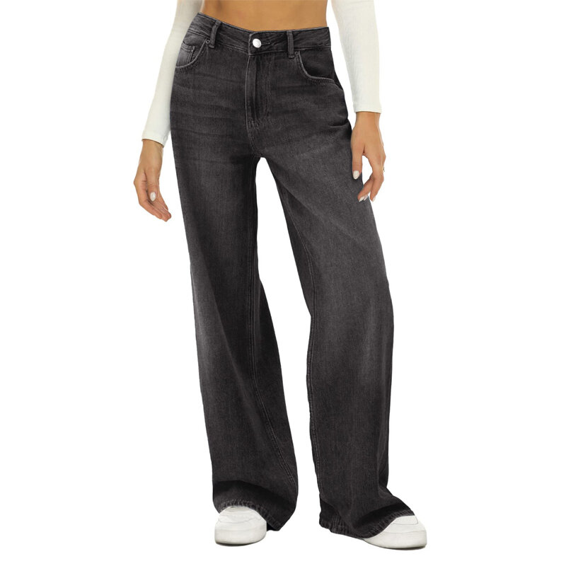 Calça feminina de cintura alta com pernas largas, calça jeans solta de perna reta, casual com comprimento do chão, novo estilo, primavera e outono, 2022