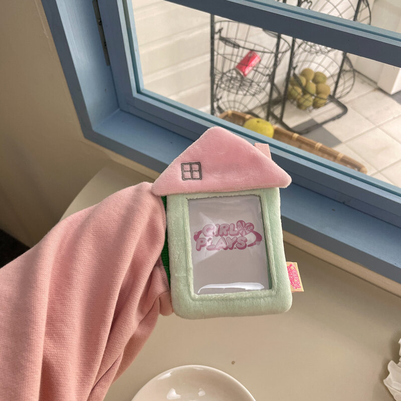 MINKYS Kawaii House Shape Fluffy 3 inch Kpop Photocard Holder Photo Card Holder Bag Pendant School Stationery